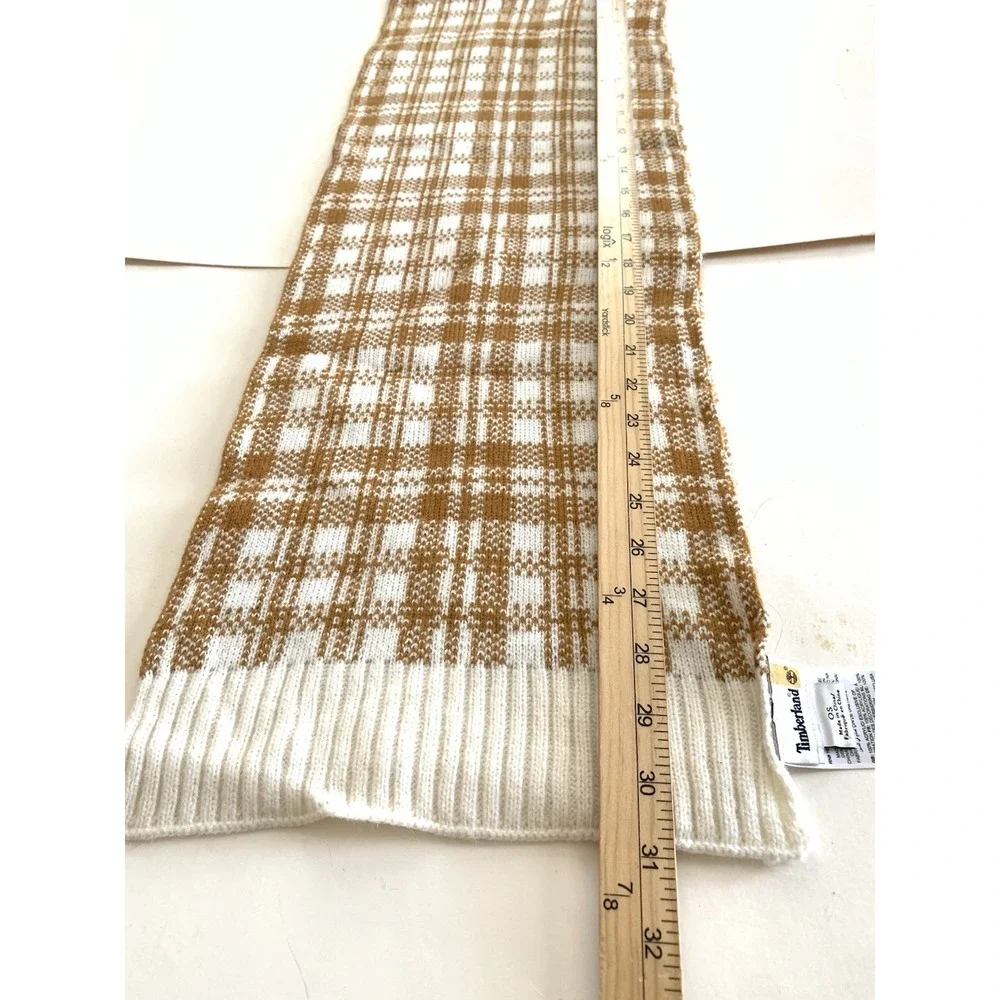 Timberland Plaid Knit Scarf Tan Cream NWOT Unisex Winter Cozy Soft Retails $60